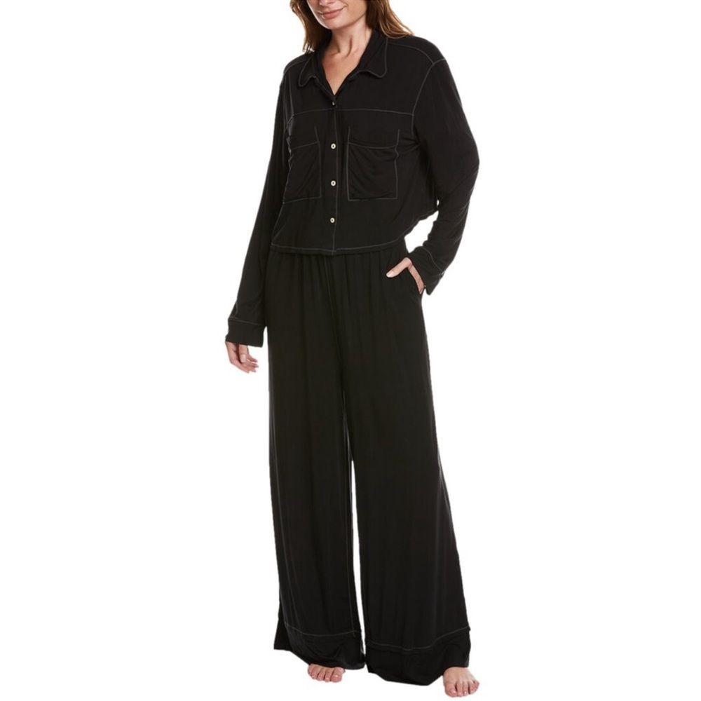FREE PEOPLE Essential Two Piece Black Button Up Top Pajama Set Size